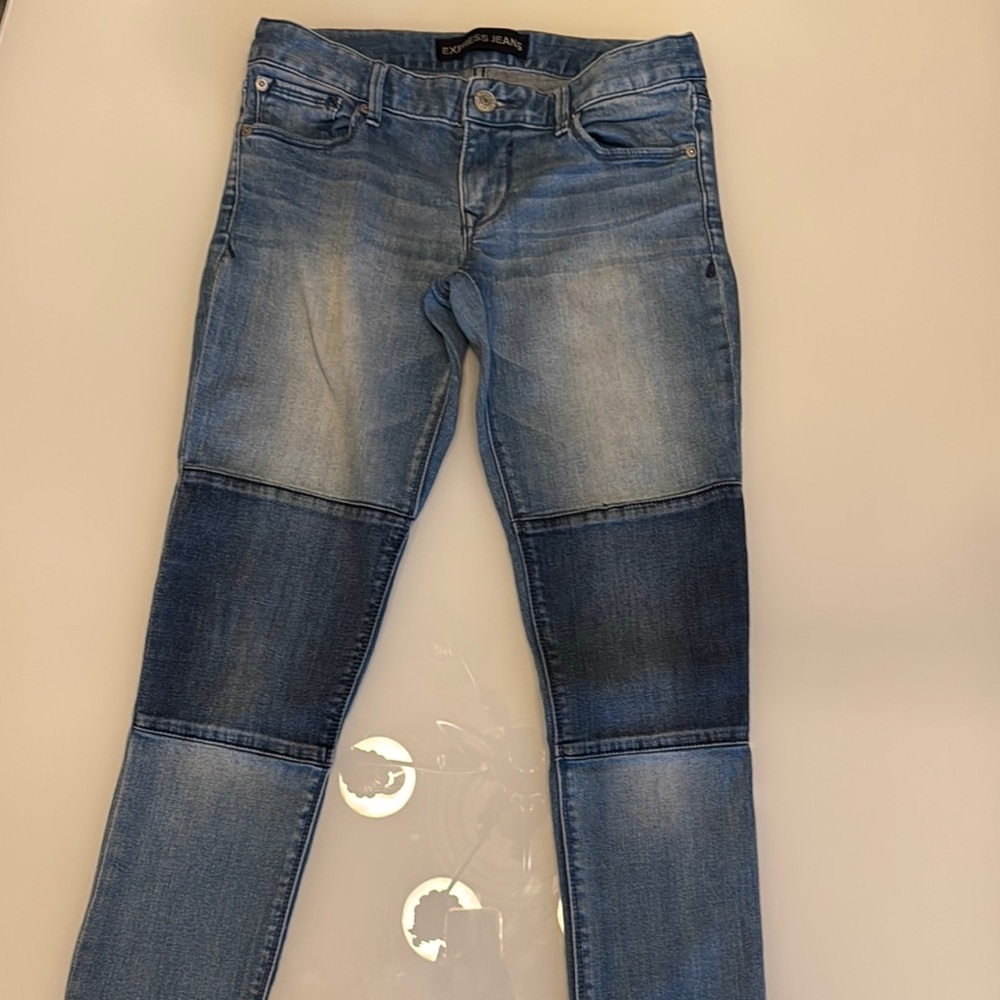 Express Blue Skinny Jeans with Distressed Details